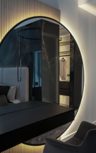 Didelis apvalus veidrodis su MDF minimalistiniu rėmeliu ir galiniu apsvietimu 2