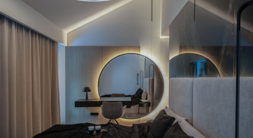 Didelis apvalus veidrodis su MDF minimalistiniu rėmeliu ir galiniu apsvietimu